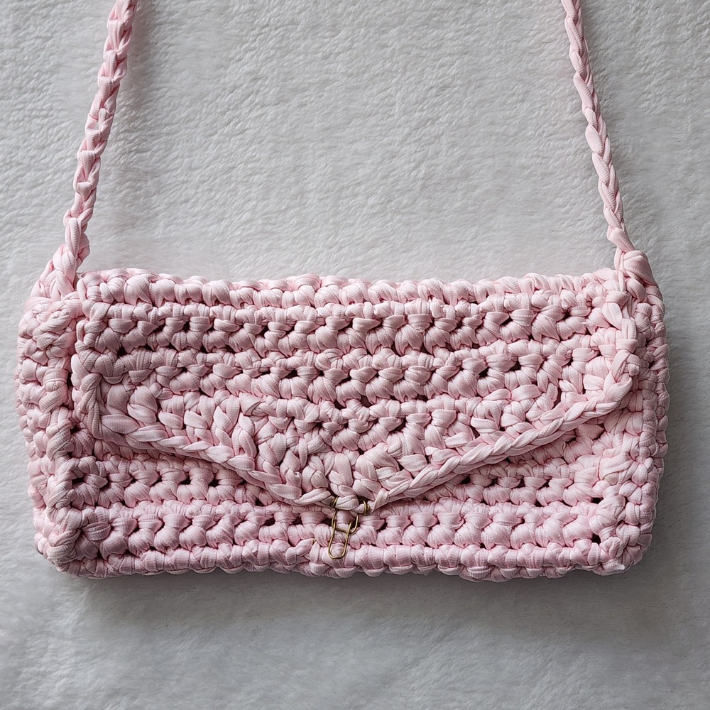 Crochet Shoulder Bag Pink Handcrafted Knit Envelope Crossbody Boho Coquette 80s - Picture 4 of 14